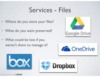 http://podfeet.com
Services - Files
• Where do you store your ﬁles?	

• What do you want preserved?	

• What could be lost...