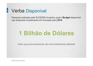 Verba Disponível
http://sucesu.org.br
Pesquisa realizada pela SUCESSU levantou qual o Budget disponível
nas empresas investimento em Inovação para 2014
1 Bilhão de Dólares
Valor que provavelmente não será totalmente utilizado
 