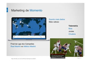 Marketing de Momento
http://trivela.uol.com.br/final-champions-twitter/
Quanto mais dados
Mais valioso
Telemetria
Bola
Juízes
Chuteira
Final da Liga dos Campeões
Real Madrid vs Atlético Madrid
 