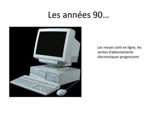 Les  années  90…

Les revues sont en ligne, les
ventes  d’abonnements  
électroniques progressent

 