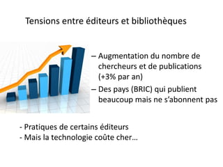 Tensions entre éditeurs et bibliothèques
– Augmentation du nombre de
chercheurs et de publications
(+3% par an)
– Des pays (BRIC) qui publient
beaucoup  mais  ne  s’abonnent  pas
- Pratiques de certains éditeurs
- Mais  la  technologie  coûte  cher…

 