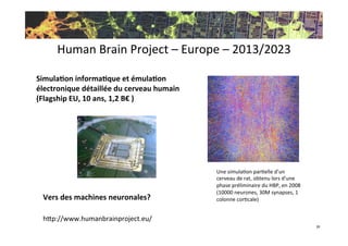 Human	
  Brain	
  Project	
  –	
  Europe	
  –	
  2013/2023	
  
39	
  
Une	
  simulaKon	
  parKelle	
  d’un	
  
cerveau	
  ...