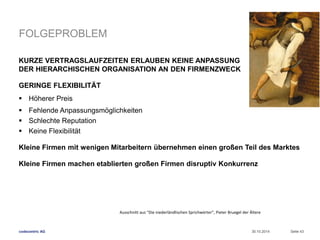 FOLGEPROBLEM 
KURZE VERTRAGSLAUFZEITEN ERLAUBEN KEINE ANPASSUNG 
DER HIERARCHISCHEN ORGANISATION AN DEN FIRMENZWECK 
GERINGE FLEXIBILITÄT 
 Höherer Preis 
 Fehlende Anpassungsmöglichkeiten 
 Schlechte Reputation 
 Keine Flexibilität 
Kleine Firmen mit wenigen Mitarbeitern übernehmen einen großen Teil des Marktes 
Kleine Firmen machen etablierten großen Firmen disruptiv Konkurrenz 
codecentric AG 
Ausschnitt aus “Die niederländlischen Sprichwörter”, Pieter Bruegel der Ältere 
30.10.2014 Seite 43 
 