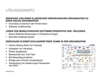 LÖSUNGSANSATZ 
ÜBERGANG VON EINER KLASSISCHEN HIERARCHISCHEN ORGANISATION ZU 
EINER AGILEN ORGANISATION 
 Innovation im Zentrum der Firmenvision 
 Software Craftmanship 
LÖSEN VON MONOLITHISCHEN SOFTWARE-PRODUKTEN UND –RELEASES 
• Kleine Software-Änderungen in Produktion bringen 
• Schnelle Feedback-Zyklen 
ERZEUGUNG KLEINER SCHLAGKRÄFTIGER TEAMS IN DER ORGANISATION 
 Interne Startup-Kultur für Features 
 Austesten von Varianten 
 Fehler akzeptieren 
 Bereitschaft zum “Fail Fast” 
 Bei Misserfolg pivotieren 
 Erfolge sehr schnell monetarisieren 
 Verwendung von Skalierungs-Frameworks 
wie SAFe 
codecentric AG 
30.10.2014 Seite 45 
 