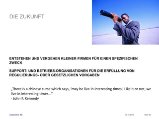 DIE ZUKUNFT 
ENTSTEHEN UND VERGEHEN KLEINER FIRMEN FÜR EINEN SPEZIFISCHEN 
ZWECK 
SUPPORT- UND BETRIEBS-ORGANISATIONEN FÜR DIE ERFÜLLUNG VON 
REGULIERUNGS- ODER GESETZLICHEN VORGABEN 
„There is a chinese curse which says, ‘may he live in interesting times.’ Like it or not, we 
live in interesting times...“ 
- John F. Kennedy 
codecentric AG 
30.10.2014 Seite 52 
 