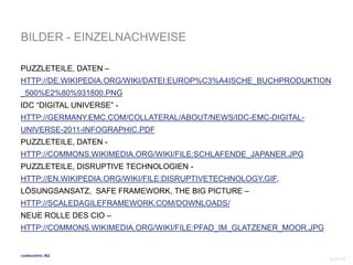 BILDER - EINZELNACHWEISE 
PUZZLETEILE, DATEN – 
HTTP://DE.WIKIPEDIA.ORG/WIKI/DATEI:EUROP%C3%A4ISCHE_BUCHPRODUKTION 
_500%E2%80%931800.PNG 
IDC “DIGITAL UNIVERSE” - 
HTTP://GERMANY.EMC.COM/COLLATERAL/ABOUT/NEWS/IDC-EMC-DIGITAL-UNIVERSE- 
codecentric AG 
2011-INFOGRAPHIC.PDF 
PUZZLETEILE, DATEN - 
HTTP://COMMONS.WIKIMEDIA.ORG/WIKI/FILE:SCHLAFENDE_JAPANER.JPG 
PUZZLETEILE, DISRUPTIVE TECHNOLOGIEN - 
HTTP://EN.WIKIPEDIA.ORG/WIKI/FILE:DISRUPTIVETECHNOLOGY.GIF, 
LÖSUNGSANSATZ, SAFE FRAMEWORK, THE BIG PICTURE – 
HTTP://SCALEDAGILEFRAMEWORK.COM/DOWNLOADS/ 
NEUE ROLLE DES CIO – 
HTTP://COMMONS.WIKIMEDIA.ORG/WIKI/FILE:PFAD_IM_GLATZENER_MOOR.JPG 
Seite 54 
