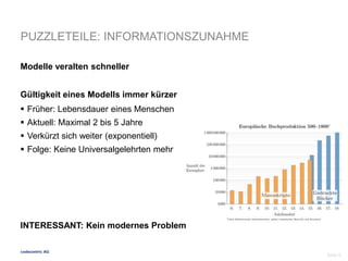 PUZZLETEILE: INFORMATIONSZUNAHME 
Modelle veralten schneller 
Gültigkeit eines Modells immer kürzer 
 Früher: Lebensdauer eines Menschen 
 Aktuell: Maximal 2 bis 5 Jahre 
 Verkürzt sich weiter (exponentiell) 
 Folge: Keine Universalgelehrten mehr 
INTERESSANT: Kein modernes Problem 
codecentric AG 
Seite 8 
 