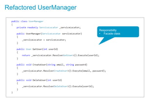 Refactored UserManager
Responsibility
• Facade class
 