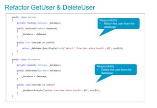 Refactor GetUser & DeleteUser
Responsibility
• Return the user from the
database
Responsibility
• Delete the user from the
database
 