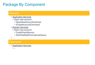 Package By Component
Account
• Application Services
• Open new account
• OpenNewAccountUseCase
• ICreateAccountCommand
• Domain Services
• Open new account
• CreditCheckService
• IGetTotalDebtForCustomerQuery
• ...
Payments
• Application Services
• ...
 