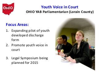 Youth Voice in Court
OHIO YAB Parliamentarian (Lorain County)

Focus Areas:
1. Expanding pilot of youth
developed discharg...