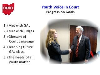 Youth Voice in Court
Progress on Goals
1.) Met with GAL
2.) Met with judges
3.) Glossary of
Court Language
4.) Teaching fu...