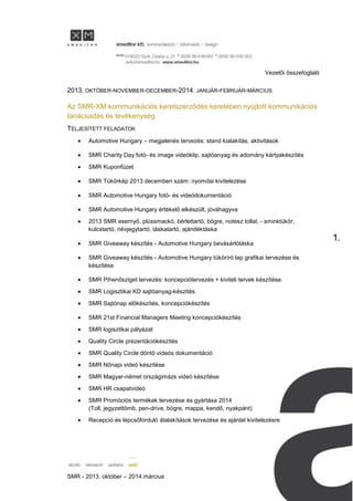 Vezetői összefoglaló
SMR - 2013. október – 2014.március
1.
2013. OKTÓBER-NOVEMBER-DECEMBER-2014. JANUÁR-FEBRUÁR-MÁRCIUS
Az SMR-XM kommunikációs keretszerződés keretében nyújtott kommunikációs
tanácsadás és tevékenység
TELJESÍTETT FELADATOK
Automotive Hungary – megjelenés tervezés: stand kialakítás, aktivitások
SMR Charity Day fotó- és image videóklip, sajtóanyag és adomány kártyakészítés
SMR Kuponfüzet
SMR Tükörkép 2013 decemberi szám: nyomdai kivitelezése
SMR Automotive Hungary fotó- és videódokumentáció
SMR Automotive Hungary értékelő elkészült, jóváhagyva
2013 SMR esernyő, plüssmackó, bérlettartó, bögre, notesz tollal, - sminktükör,
kulcstartó, névjegytartó, táskatartó, ajándéktáska
SMR Giveaway készítés - Automotive Hungary bevásárlótáska
SMR Giveaway készítés - Automotive Hungary tüköríró lap grafikai tervezése és
készítése
SMR Pihenősziget tervezés: koncepciótervezés + kiviteli tervek készítése.
SMR Logisztikai KD sajtóanyag-készítés
SMR Sajtónap előkészítés, koncepciókészítés
SMR 21st Financial Managers Meeting koncepciókészítés
SMR logisztikai pályázat
Quality Circle prezentációkészítés
SMR Quality Circle döntő videós dokumentáció
SMR Nőnapi videó készítése
SMR Magyar-német országimázs videó készítése
SMR HR csapatvideó
SMR Promóciós termékek tervezése és gyártása 2014
(Toll, jegyzettömb, pen-drive, bögre, mappa, kendő, nyakpánt)
Recepció és lépcsőforduló átalakítások tervezése és ajánlat kivitelezésre
 