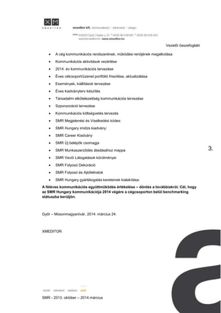 Vezetői összefoglaló
SMR - 2013. október – 2014.március
3.
A cég kommunikációs rendszerének, működési rendjének megalkotása
Kommunikációs aktivitások vezérlése
2014. év kommunikációs tervezése
Éves célcsoport/üzenet portfólió frissítése, aktualizálása
Események, kiállítások tervezése
Éves kiadványterv készítés
Társadalmi elkötelezettség kommunikációs tervezése
Szponzoráció tervezése
Kommunikációs költségvetés tervezés
SMR Megjelenési és Viselkedési kódex:
SMR Hungary imidzs kiadvány:
SMR Career Kiadvány
SMR Új belépők csomagja
SMR Munkaszerződés átadásához mappa
SMR Vevői Látogatások körülményei
SMR Folyosó Dekoráció
SMR Folyosó és Ajtófeliratok
SMR Hungary gyárlátogatás kereteinek kialakítása:
A féléves kommunikációs együttműködés értékelése – döntés a továbbiakról. Cél, hogy
az SMR Hungary kommunikációja 2014 végére a cégcsoporton belül benchmarking
státuszba kerüljön.
Győr – Mosonmagyaróvár, 2014. március 24.
XMEDITOR
 
