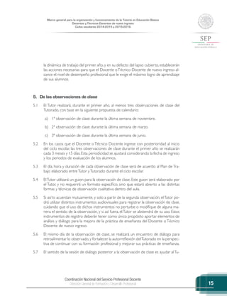 Coordinación Nacional del Servicio Profesional Docente
Dirección General de Formación y Desarrollo Profesional
Marco general para la organización y funcionamiento de la Tutoría en Educación Básica
Docentes y Técnicos Docentes de nuevo ingreso
Ciclos escolares 2014-2015 y 2015-2016
15
la dinámica de trabajo del primer año, y en su defecto del lapso cubierto, establecerán
las acciones necesarias para que el Docente oTécnico Docente de nuevo ingreso al-
cance el nivel de desempeño profesional que le exige el máximo logro de aprendizaje
de sus alumnos.
5.	 De las observaciones de clase
5.1	 El Tutor realizará, durante el primer año, al menos tres observaciones de clase del
Tutorado, con base en la siguiente propuesta de calendario:
a)	 1ª observación de clase: durante la última semana de noviembre.
b)	 2ª observación de clase: durante la última semana de marzo.
c)	 3ª observación de clase: durante la última semana de junio.
5.2	 En los casos que el Docente o Técnico Docente ingrese con posterioridad al inicio
del ciclo escolar, las tres observaciones de clase durante el primer año se realizarán
cada 3 meses y 15 días. Esta periodicidad se ajustará considerando la fecha de ingreso
y los periodos de evaluación de los alumnos.
5.3	 El día, hora y duración de cada observación de clase será de acuerdo al Plan de Tra-
bajo elaborado entreTutor yTutorado durante el ciclo escolar.
5.4	 ElTutor utilizará un guion para la observación de clase. Este guion será elaborado por
el Tutor, y no requerirá un formato específico, sino que estará abierto a las distintas
formas y técnicas de observación cualitativa dentro del aula.
5.5	 Si así lo acuerdan mutuamente, y solo a partir de la segunda observación, elTutor po-
drá utilizar distintos instrumentos audiovisuales para registrar la observación de clase,
cuidando que el uso de dichos instrumentos no perturbe o modifique de alguna ma-
nera el sentido de la observación, y si así fuera, elTutor se abstendrá de su uso. Estos
instrumentos de registro deberán tener como único propósito aportar elementos de
análisis y diálogo para la mejora de la práctica de enseñanza del Docente o Técnico
Docente de nuevo ingreso.
5.6	 El mismo día de la observación de clase, se realizará un encuentro de diálogo para
retroalimentar lo observado,y fortalecer la autorreflexión delTutorado en la perspec-
tiva de continuar con su formación profesional y mejorar sus prácticas de enseñanza.
5.7	 El sentido de la sesión de diálogo posterior a la observación de clase es ayudar alTu-
 
