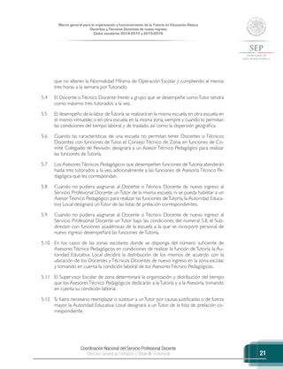 Coordinación Nacional del Servicio Profesional Docente
Dirección General de Formación y Desarrollo Profesional
Marco general para la organización y funcionamiento de la Tutoría en Educación Básica
Docentes y Técnicos Docentes de nuevo ingreso
Ciclos escolares 2014-2015 y 2015-2016
21
que no alteren la Normalidad Mínima de Operación Escolar y cumpliendo al menos
tres horas a la semana porTutorado.
5.4	 El Docente oTécnico Docente frente a grupo que se desempeñe comoTutor tendrá
como máximo tres tutorados a la vez.
5.5	 El desempeño de la labor deTutoría se realizará en la misma escuela,en otra escuela en
el mismo inmueble, o en otra escuela en la misma zona, siempre y cuando lo permitan
las condiciones del tiempo laboral y de traslado, así como la dispersión geográfica.
5.6	 Cuando las características de una escuela no permitan tener Docentes o Técnicos
Docentes con funciones de Tutor, el Consejo Técnico de Zona, en funciones de Co-
mité Colegiado de Revisión, designará a un Asesor Técnico Pedagógico para realizar
las funciones deTutoría.
5.7	 Los AsesoresTécnicos Pedagógicos que desempeñen funciones deTutoría atenderán
hasta tres tutorados a la vez, adicionalmente a las funciones de Asesoría Técnico Pe-
dagógica que les correspondan.
5.8	 Cuando no pudiera asignarse al Docente o Técnico Docente de nuevo ingreso al
Servicio Profesional Docente unTutor de la misma escuela, ni se pueda habilitar a un
AsesorTécnico Pedagógico para realizar las funciones deTutoría, la Autoridad Educa-
tiva Local designará unTutor de las listas de prelación correspondientes.
5.9	 Cuando no pudiera asignarse al Docente o Técnico Docente de nuevo ingreso al
Servicio Profesional Docente un Tutor bajo las condiciones del numeral 5.8, el Sub-
director con funciones académicas de la escuela a la que se incorpore personal de
nuevo ingreso desempeñará las funciones deTutoría.
5.10	 En los casos de las zonas escolares donde se disponga del número suficiente de
AsesoresTécnico Pedagógicos en condiciones de realizar la función deTutoría, la Au-
toridad Educativa Local decidirá la distribución de los mismos de acuerdo con la
ubicación de los Docentes yTécnicos Docentes de nuevo ingreso en la zona escolar,
y tomando en cuenta la condición laboral de los AsesoresTécnico Pedagógicos.
5.11	 El Supervisor Escolar de zona determinará la organización y distribución del tiempo
que los AsesoresTécnico Pedagógicos dedicarán a laTutoría y a la Asesoría, tomando
en cuenta su condición laboral.
5.12	 Si fuera necesario reemplazar o sustituir a unTutor por causas justificadas o de fuerza
mayor, la Autoridad Educativa Local designará a un Tutor de la lista de prelación co-
rrespondiente.
 