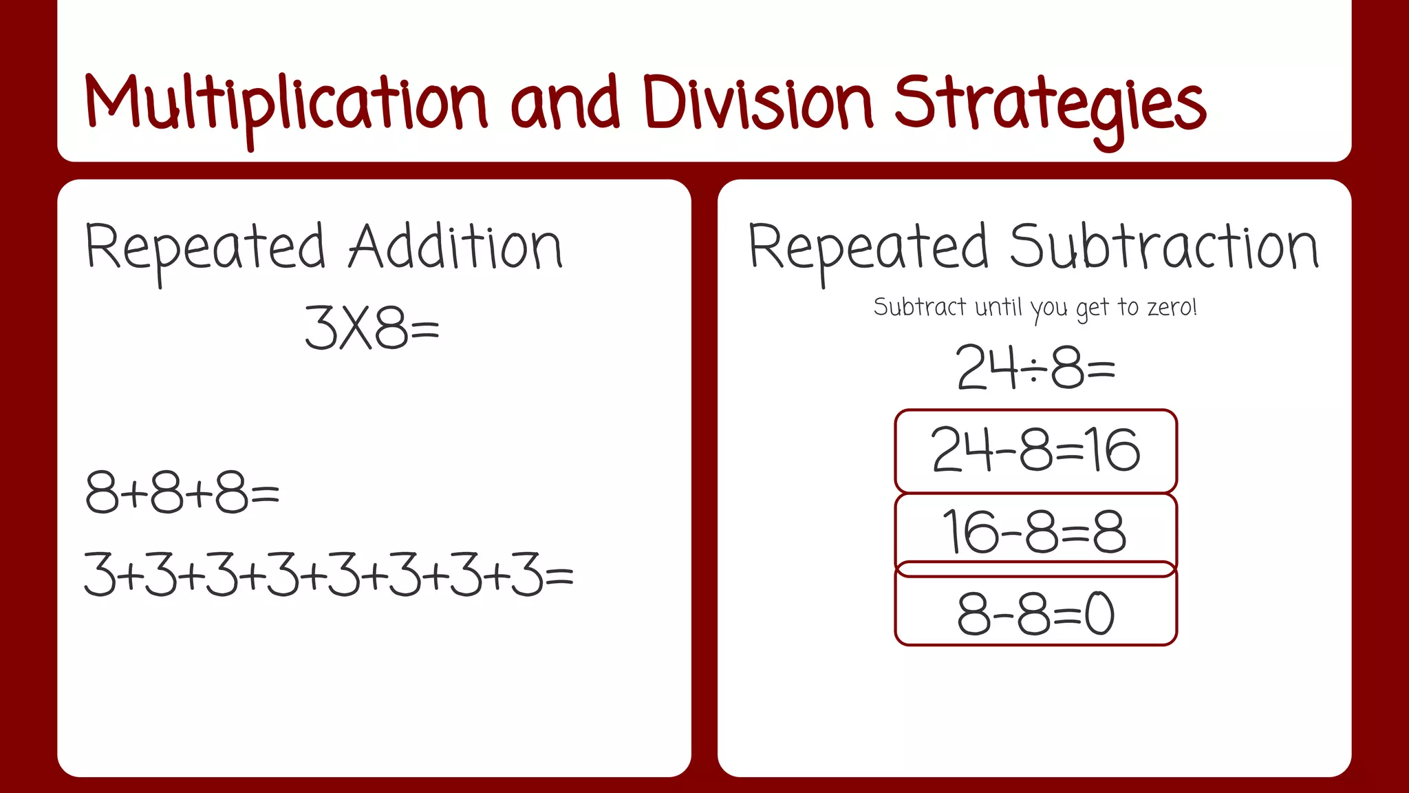 Multiplication and Division Strategies 
Repeated Addition 
3X8= 
8+8+8= 
3+3+3+3+3+3+3+3= 
Repeated Subtraction 
Subtract until you get to zero! 
24÷8= 
24-8=16 
16-8=8 
8-8=0 
 