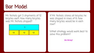Bar Model 
Mr. Nichols got 3 shipments of 12 
bicycles each. How many bicycles 
was Mr. Nichols shipped? 
If Mr. Nichols stores all bicycles he 
was shipped in rows of 6, how 
many bicycles would be in each 
row? 
What strategy would work best to 
solve this problem? 
? 
12 12 12 
An Array! 
 
