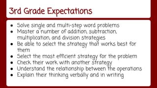 3rd Grade Expectations 
● Solve single and multi-step word problems 
● Master a number of addition, subtraction, 
multiplication, and division strategies 
● Be able to select the strategy that works best for 
them 
● Select the most efficient strategy for the problem 
● Check their work with another strategy 
● Understand the relationship between the operations 
● Explain their thinking verbally and in writing 
 