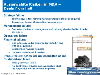 Ausgewählte Risiken in M&A –
Deals from hell
Strategy failure
– Technology: In fast moving markets: wrong technology acquired
– Ecosystem: Impact of acquisition on ecosystem

Management failure:
– Due to inexperienced management and missing standardisation in M&A
processes

Operations failure
Financial failure:
– Due to fantasy in due diligence (never fall in love
with an acquisition)
– Exaggerated revenue numbers
– Underestimated cost, Litigation

People failure: people are not committed or are
frustrated and leave
– Wrong communication
– No joint vision, mission and explanation what
the acquisition means for each employee
Copyright © 2014 Dr. Karl Popp

 