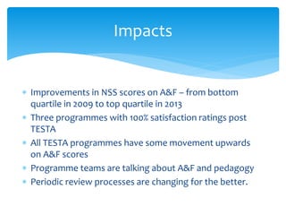  Improvements in NSS scores on A&F – from bottom
quartile in 2009 to top quartile in 2013
 Three programmes with 100% satisfaction ratings post
TESTA
 All TESTA programmes have some movement upwards
on A&F scores
 Programme teams are talking about A&F and pedagogy
 Periodic review processes are changing for the better.
Impacts
 