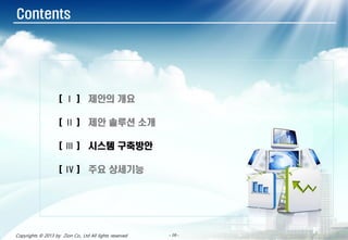- 10 -- 10 -- 10 -- 10 -- 10 -- 10 -- 10 -- 10 -Copyrights © 2013 by Zion Co., Ltd All lights reserved
Contents
[ Ⅰ ] 제안의 개요
[ Ⅱ ] 제안 솔루션 소개
[ Ⅲ ] 시스템 구축방안
[ Ⅳ ] 주요 상세기능
 