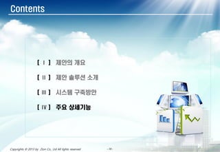 - 16 -- 16 -- 16 -- 16 -- 16 -- 16 -- 16 -- 16 -Copyrights © 2013 by Zion Co., Ltd All lights reserved
Contents
[ Ⅰ ] 제안의 개요
[ Ⅱ ] 제안 솔루션 소개
[ Ⅲ ] 시스템 구축방안
[ Ⅳ ] 주요 상세기능
 