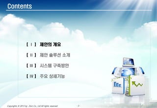- 2 -- 2 -- 2 -- 2 -- 2 -- 2 -- 2 -- 2 -Copyrights © 2013 by Zion Co., Ltd All lights reserved
Contents
[ Ⅰ ] 제안의 개요
[ Ⅱ ] 제안 솔루션 소개
[ Ⅲ ] 시스템 구축방안
[ Ⅳ ] 주요 상세기능
 