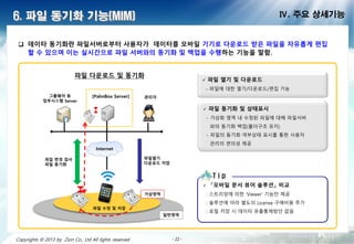- 22 -- 22 -- 22 -- 22 -- 22 -- 22 -- 22 -- 22 -Copyrights © 2013 by Zion Co., Ltd All lights reserved - 22 -
6. 파일 동기화 기능(MIM) Ⅳ. 주요 상세기능
 데이타 기화란 파일서 로부터 사용 가 데이터를 모바일 기기로 다운로드 받은 파일을 유롭게 편집
할 수 있으며 이는 실시 으로 파일 서 와의 기화 및 백업을 수행하는 기능을 말함.
 파일 열기 및 다운로드
- 파일에 대한 열기/다운로드/편집 기능
파일 다운로드 및 기화
 파일 기화 및 상태표시
- 가상화 영역 내 수정된 파일에 대해 파일서버
와의 동기화 백업(폴더구조 유지)
- 파일의 동기화 여부상태 표시를 통한 사용자
관리의 편의성 제공
관리[PalmBox Server]룹웨어 등
업무시스템 Server
Internet
파일열기
다운로드 저
파일 변경 검사
파일 기화
파일 수정 및 저
가상영역
일반영역
 「모바일 문서 뷰어 솔루션」 비교
: 스트리밍에 의한 ‘Viewer’ 기능만 제공
: 솔루 에 따라 별도의 License 구매비용 추가
: 로컬 저장 시 이 유출통제방안 없음
T i p
 