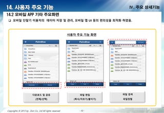 - 32 -- 32 -- 32 -- 32 -- 32 -- 32 -- 32 -- 32 -Copyrights © 2013 by Zion Co., Ltd All lights reserved - 32 -
14. 사용자 주요 기능 Ⅳ. 주요 상세기능
 모바일 단말기 이용 의 데이터 저 및 관리, 모바일 앱 UI 등의 편의성을 최적화 하였음.
사용 주요 기능 화면
14.2 모바일 APP 기타 주요화면
다운로드 및 공유
(전체/선택)
파일 편집
(복사/ 르기/붙이기)
파일 검색
파일정렬
 
