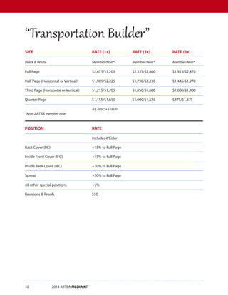 10		 2014 ARTBA MEDIA KIT
SIZE					RATE (1x)		RATE (3x)		RATE (6x)
Black & White				Member/Non*		Member/Non*		Member/Non*
Full Page				$2,675/$3,200		$2,335/$2,860		$1,925/$2,470
Half Page (Horizontal or Vertical)		$1,985/$2,225		$1,730/$2,230		$1,445/$1,970			
	
Third Page (Horizontal or Vertical)	 $1,215/$1,705		 $1,050/$1,600		 $1,000/$1,400
Quarter Page	 	 	 	 $1,155/$1,650	 	 $1,000/$1,525	 	 $875/$1,375
					4/Color: +$1800
*Non-ARTBA member rate
POSITION				RATE
					Includes 4/Color
Back Cover (BC)				 +15% to Full Page
Inside Front Cover (IFC)			 +15% to Full Page
Inside Back Cover (IBC)			 +10% to Full Page
Spread					+20% to Full Page
All other special positions		 +5%
Revisions & Proofs			 $50

	
“Transportation Builder”
 