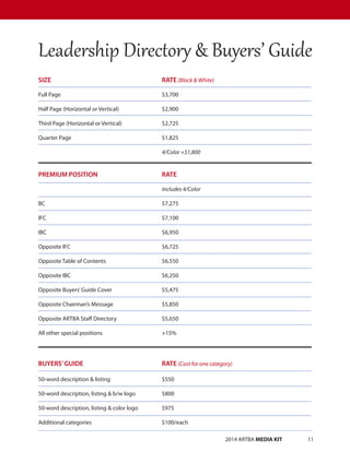 2014 ARTBA MEDIA KIT		 11
SIZE						RATE (Black  White)	
Full Page					$3,700	
Half Page (Horizontal or Vertical)			 $2,900
			
Third Page (Horizontal or Vertical)		 $2,725	
Quarter Page	 	 	 	 	 $1,825	
						4/Color +$1,800
PREMIUM POSITION				RATE
						Includes 4/Color
BC						$7,275
IFC						$7,100
IBC						$6,950
Opposite IFC					$6,725
Opposite Table of Contents			 $6,550
Opposite IBC					$6,250
Opposite Buyers’Guide Cover			 $5,475
Opposite Chairman’s Message			 $5,850
Opposite ARTBA Staff Directory			 $5,650
All other special positions			 +15%
BUYERS’GUIDE				RATE (Cost for one category)
						
50-word description  listing			 $550
50-word description, listing  b/w logo		 $800
50-word description, listing  color logo		 $975
Additional categories				$100/each
Leadership Directory  Buyers’ Guide
 