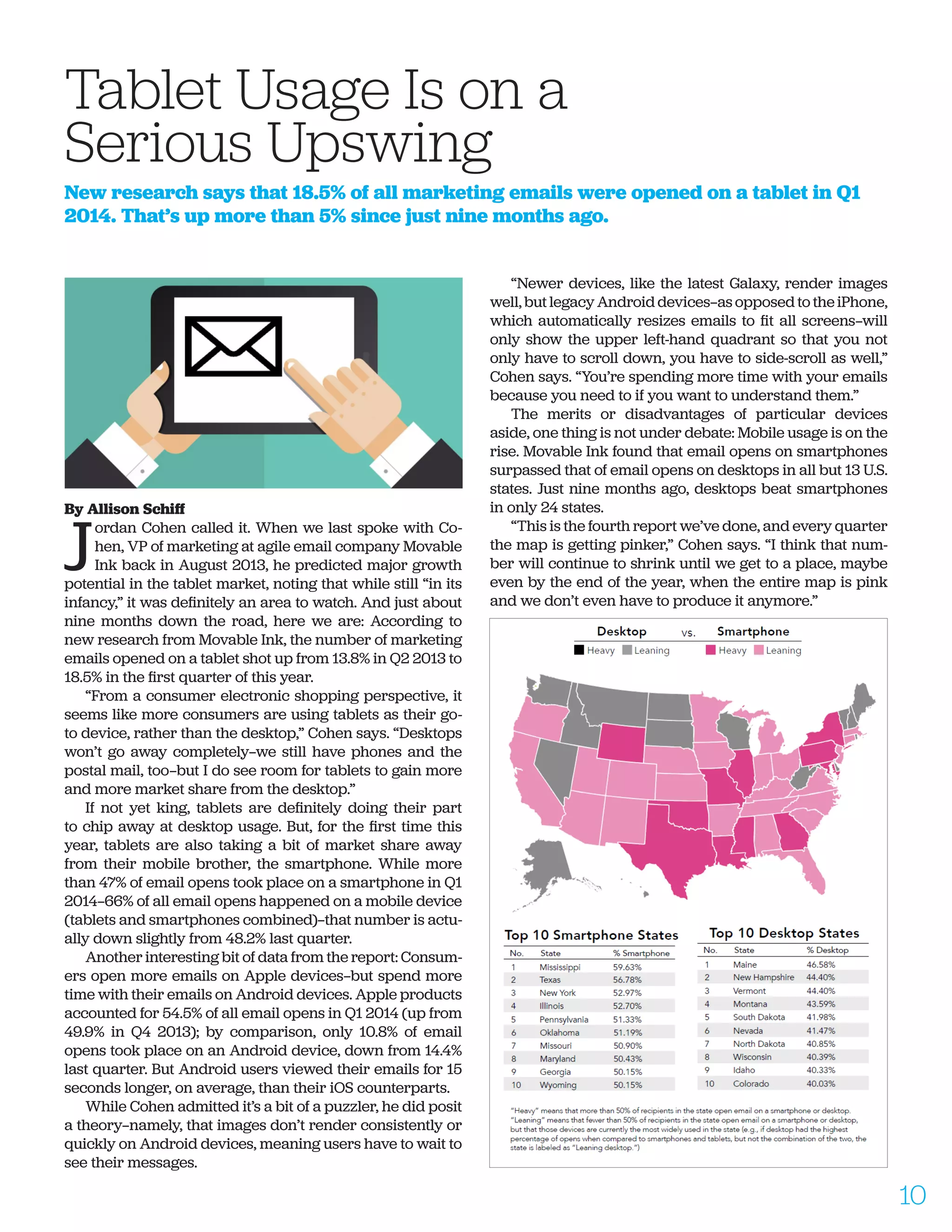 By Allison Schiff
J
ordan Cohen called it. When we last spoke with Co-
hen, VP of marketing at agile email company Movable
Ink back in August 2013, he predicted major growth
potential in the tablet market, noting that while still “in its
infancy,” it was definitely an area to watch. And just about
nine months down the road, here we are: According to
new research from Movable Ink, the number of marketing
emails opened on a tablet shot up from 13.8% in Q2 2013 to
18.5% in the first quarter of this year.
“From a consumer electronic shopping perspective, it
seems like more consumers are using tablets as their go-
to device, rather than the desktop,” Cohen says. “Desktops
won’t go away completely—we still have phones and the
postal mail, too—but I do see room for tablets to gain more
and more market share from the desktop.”
If not yet king, tablets are definitely doing their part
to chip away at desktop usage. But, for the first time this
year, tablets are also taking a bit of market share away
from their mobile brother, the smartphone. While more
than 47% of email opens took place on a smartphone in Q1
2014—66% of all email opens happened on a mobile device
(tablets and smartphones combined)—that number is actu-
ally down slightly from 48.2% last quarter.
Another interesting bit of data from the report: Consum-
ers open more emails on Apple devices—but spend more
time with their emails on Android devices. Apple products
accounted for 54.5% of all email opens in Q1 2014 (up from
49.9% in Q4 2013); by comparison, only 10.8% of email
opens took place on an Android device, down from 14.4%
last quarter. But Android users viewed their emails for 15
seconds longer, on average, than their iOS counterparts.
While Cohen admitted it’s a bit of a puzzler, he did posit
a theory—namely, that images don’t render consistently or
quickly on Android devices, meaning users have to wait to
see their messages.
“Newer devices, like the latest Galaxy, render images
well, but legacy Android devices—as opposed to the iPhone,
which automatically resizes emails to fit all screens—will
only show the upper left-hand quadrant so that you not
only have to scroll down, you have to side-scroll as well,”
Cohen says. “You’re spending more time with your emails
because you need to if you want to understand them.”
The merits or disadvantages of particular devices
aside, one thing is not under debate: Mobile usage is on the
rise. Movable Ink found that email opens on smartphones
surpassed that of email opens on desktops in all but 13 U.S.
states. Just nine months ago, desktops beat smartphones
in only 24 states.
“This is the fourth report we’ve done, and every quarter
the map is getting pinker,” Cohen says. “I think that num-
ber will continue to shrink until we get to a place, maybe
even by the end of the year, when the entire map is pink
and we don’t even have to produce it anymore.”
Tablet Usage Is on a 					
Serious Upswing
New research says that 18.5% of all marketing emails were opened on a tablet in Q1
2014. That’s up more than 5% since just nine months ago.
10
 