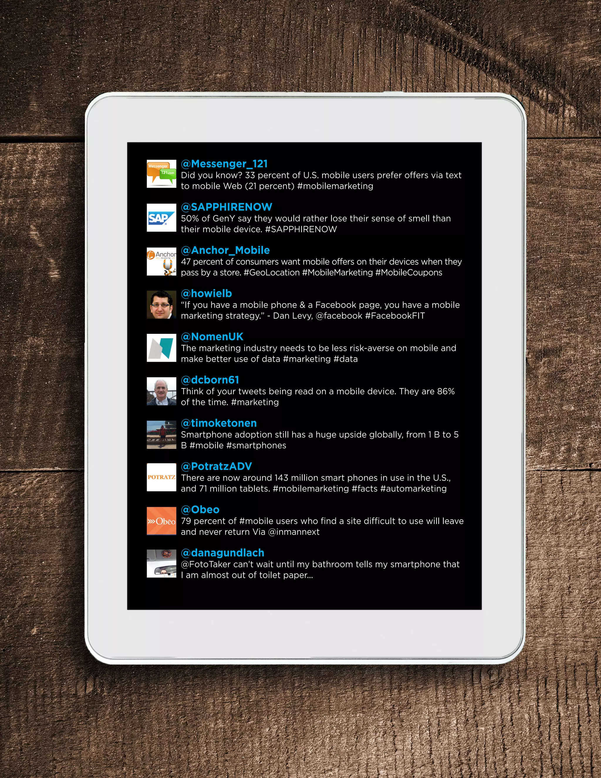 @Messenger_121
Did you know? 33 percent of U.S. mobile users prefer offers via text
to mobile Web (21 percent) #mobilemarketing
@SAPPHIRENOW
50% of GenY say they would rather lose their sense of smell than
their mobile device. #SAPPHIRENOW
@Anchor_Mobile
47 percent of consumers want mobile offers on their devices when they
pass by a store. #GeoLocation #MobileMarketing #MobileCoupons
@howielb
“If you have a mobile phone & a Facebook page, you have a mobile
marketing strategy.” - Dan Levy, @facebook #FacebookFIT
@NomenUK
The marketing industry needs to be less risk-averse on mobile and
make better use of data #marketing #data
@dcborn61
Think of your tweets being read on a mobile device. They are 86%
of the time. #marketing
@timoketonen
Smartphone adoption still has a huge upside globally, from 1 B to 5
B #mobile #smartphones
@PotratzADV
There are now around 143 million smart phones in use in the U.S.,
and 71 million tablets. #mobilemarketing #facts #automarketing
@Obeo
79 percent of #mobile users who find a site difficult to use will leave
and never return Via @inmannext
@danagundlach
@FotoTaker can’t wait until my bathroom tells my smartphone that
I am almost out of toilet paper...
 