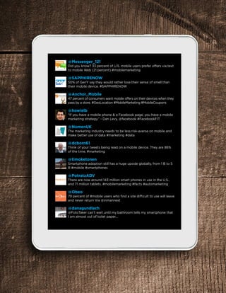 @Messenger_121
Did you know? 33 percent of U.S. mobile users prefer offers via text
to mobile Web (21 percent) #mobilemarketing
@SAPPHIRENOW
50% of GenY say they would rather lose their sense of smell than
their mobile device. #SAPPHIRENOW
@Anchor_Mobile
47 percent of consumers want mobile offers on their devices when they
pass by a store. #GeoLocation #MobileMarketing #MobileCoupons
@howielb
“If you have a mobile phone & a Facebook page, you have a mobile
marketing strategy.” - Dan Levy, @facebook #FacebookFIT
@NomenUK
The marketing industry needs to be less risk-averse on mobile and
make better use of data #marketing #data
@dcborn61
Think of your tweets being read on a mobile device. They are 86%
of the time. #marketing
@timoketonen
Smartphone adoption still has a huge upside globally, from 1 B to 5
B #mobile #smartphones
@PotratzADV
There are now around 143 million smart phones in use in the U.S.,
and 71 million tablets. #mobilemarketing #facts #automarketing
@Obeo
79 percent of #mobile users who find a site difficult to use will leave
and never return Via @inmannext
@danagundlach
@FotoTaker can’t wait until my bathroom tells my smartphone that
I am almost out of toilet paper...
 