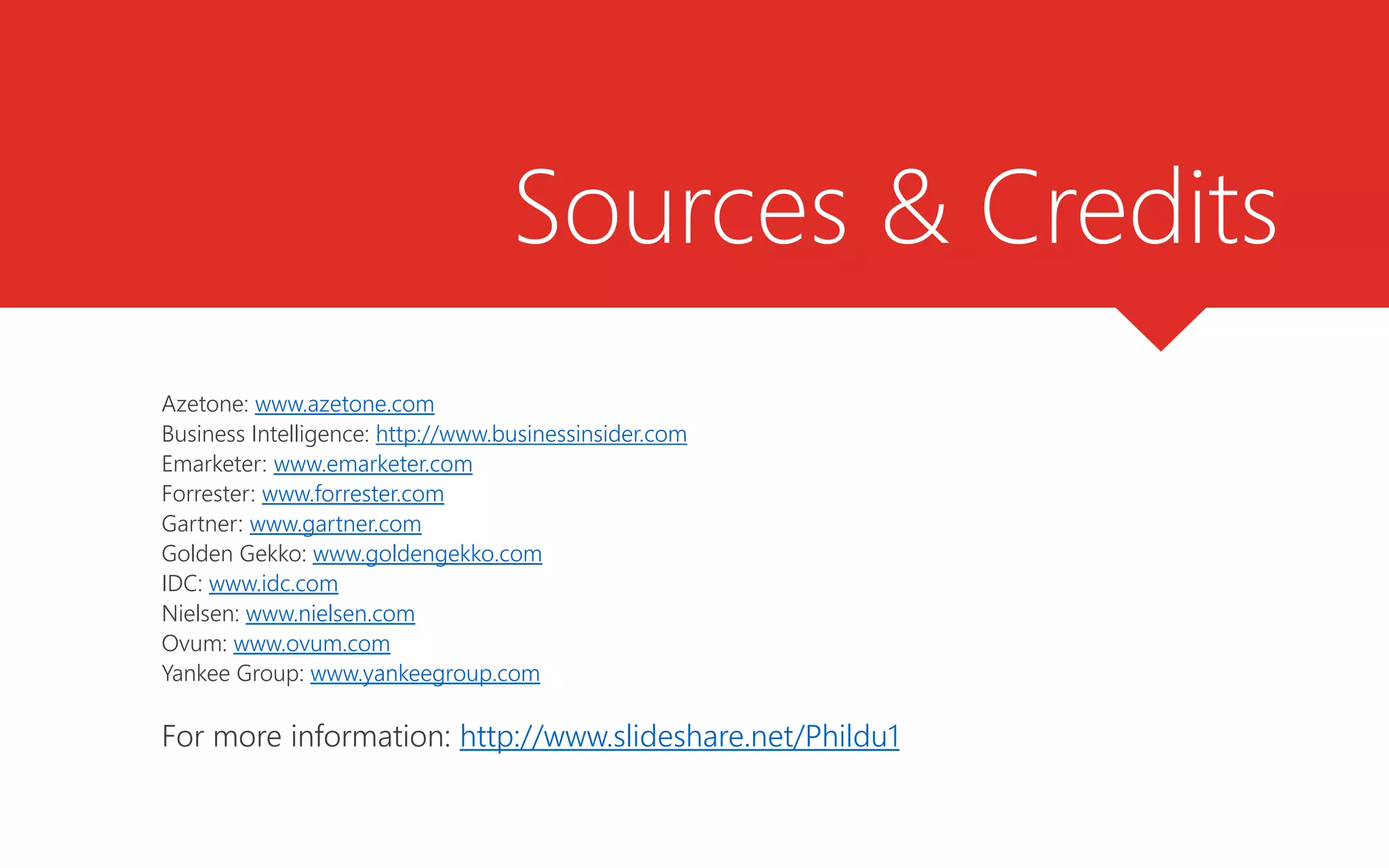 Sources & Credits
Azetone: www.azetone.com
Business Intelligence: http://www.businessinsider.com
Emarketer: www.emarketer.com
Forrester: www.forrester.com
Gartner: www.gartner.com
Golden Gekko: www.goldengekko.com
IDC: www.idc.com
Nielsen: www.nielsen.com
Ovum: www.ovum.com
Yankee Group: www.yankeegroup.com
For more information: www.slideshare.net/Phildu1
www.azetone.com
 