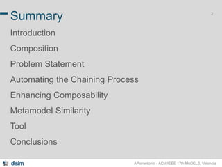 2 Summary 
Introduction 
Composition 
Problem Statement 
Automating the Chaining Process 
Enhancing Composability 
Metamodel Similarity 
Tool 
Conclusions 
APierantonio - ACM/IEEE 17th MoDELS, Valencia 
 