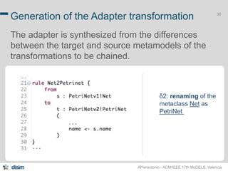 30 Generation of the Adapter transformation 
The adapter is synthesized from the differences 
between the target and source metamodels of the 
transformations to be chained. 
δ2: renaming of the 
metaclass Net as 
PetriNet 
APierantonio - ACM/IEEE 17th MoDELS, Valencia 
 