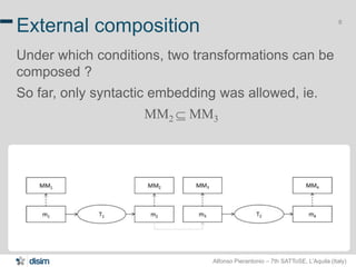 8 External composition 
Under which conditions, two transformations can be 
composed ? 
So far, only syntactic embedding was allowed, ie. 
MM2  MM3 
Alfonso Pierantonio – 7th SATToSE, L’Aquila (Italy) 
 
