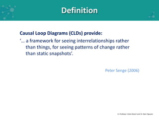 Causal Loop Diagrams (CLDs) provide: 
‘… a framework for seeing interrelationships rather 
than things, for seeing pattern...