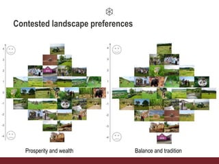 Contested landscape preferences
Prosperity and wealth Balance and tradition
 