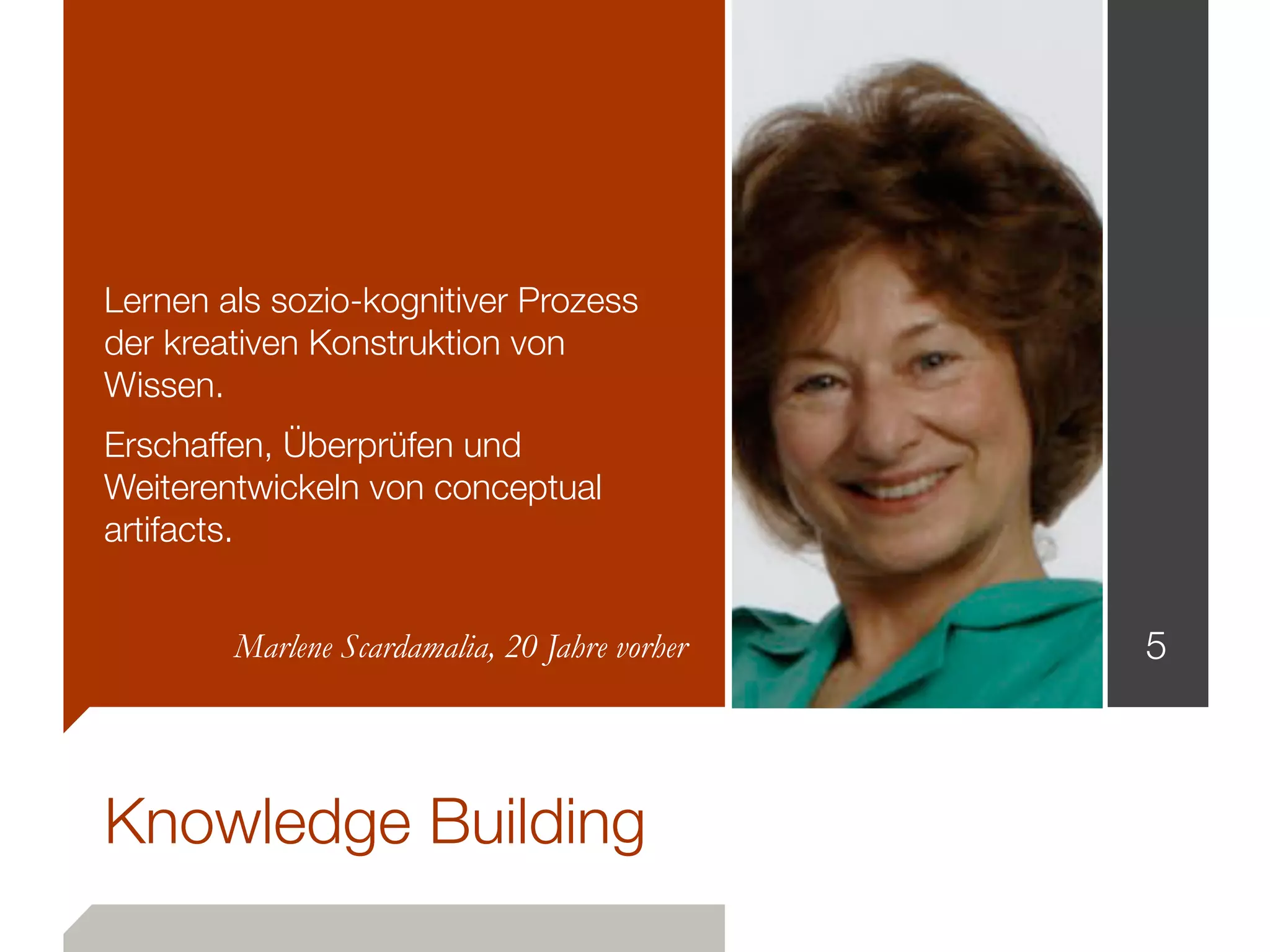 Knowledge Building
5
Lernen als sozio-kognitiver Prozess
der kreativen Konstruktion von
Wissen.
Erschaffen, Überprüfen und
Weiterentwickeln von conceptual
artifacts.
!
Marlene Scardamalia, 20 Jahre vorher
 