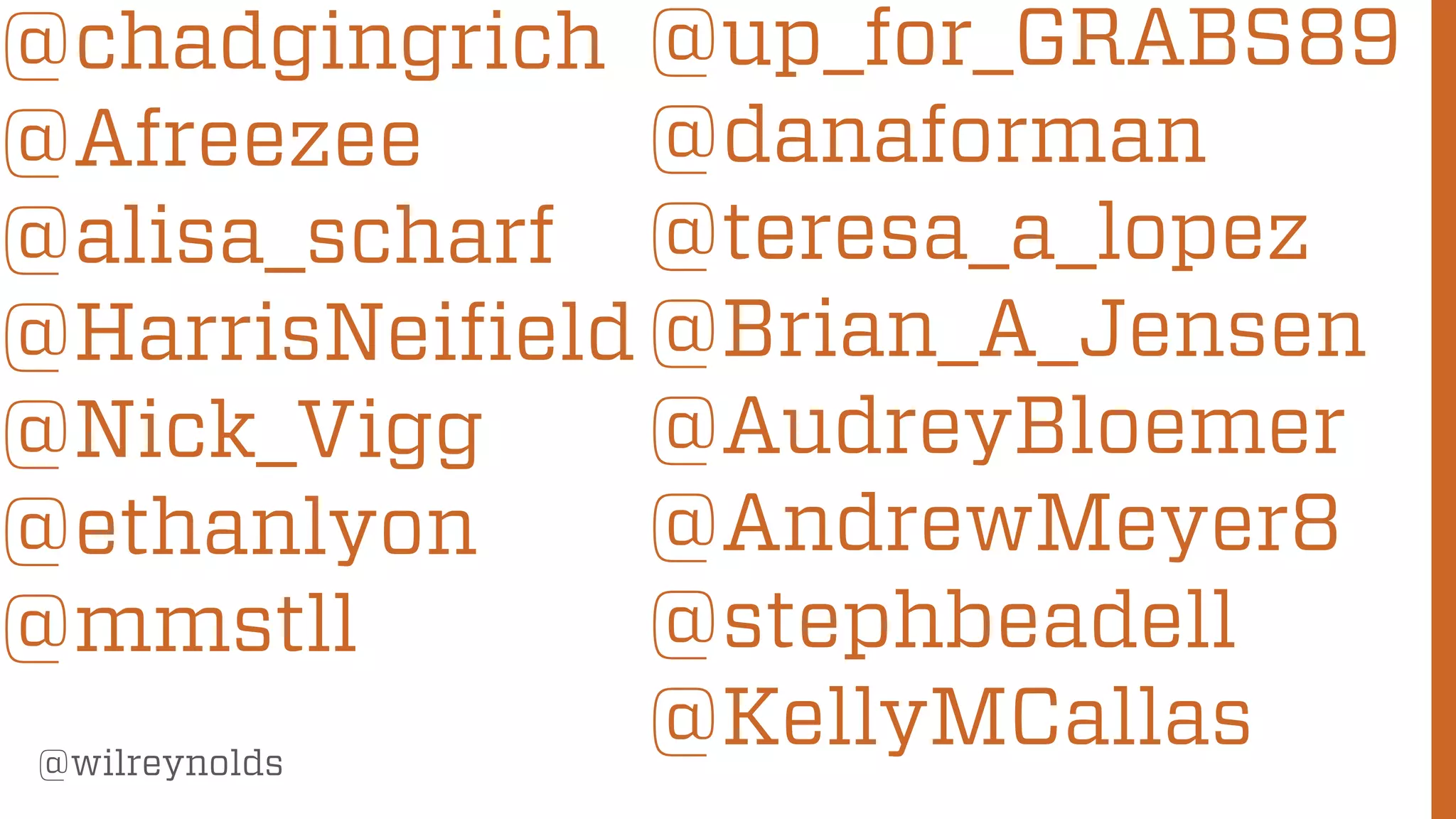 219
@wilreynolds
@chadgingrich
@Afreezee
@alisa_scharf
@HarrisNeifield
@Nick_Vigg
@ethanlyon
@mmstll
@up_for_GRABS89
@danaforman
@teresa_a_lopez
@Brian_A_Jensen
@AudreyBloemer
@AndrewMeyer8
@stephbeadell
@KellyMCallas
 