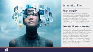 Internet of Things
What’s Changed?
There will be 15 billion devices (“things”)
connected to the Internet by 2015. Nothing
can offer more personal communication
and precise targeting than individual
specialized devices that comprise the
“Internet of things”, such as
watches, TVs, refrigerators, thermostats and
more.

What Does This Mean for Marketers?
There are still many unanswered questions
around what marketing in this new channel is
going to look like. Expect health and
fitness, home and services businesses to lead
the way in providing added value via these
devices. Start with shared values and
provide real worth to consumers, and you
just may find your brand being invited into
one of the closest relationships you’ve ever
experienced for a brand.

6

 