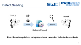 Defect Seeding
7
Seed Detect
Team A
Team B
Idea: Remaining defects rate proportional to seeded defects detected rate
Software Product
 
