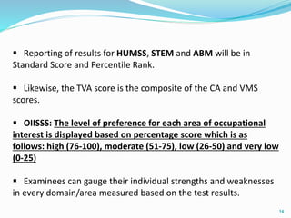  Reporting of results for HUMSS, STEM and ABM will be in 
Standard Score and Percentile Rank. 
 Likewise, the TVA score is the composite of the CA and VMS 
scores. 
 OIISSS: The level of preference for each area of occupational 
interest is displayed based on percentage score which is as 
follows: high (76-100), moderate (51-75), low (26-50) and very low 
(0-25) 
 Examinees can gauge their individual strengths and weaknesses 
in every domain/area measured based on the test results. 
14 
 