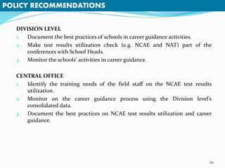 DIVISION LEVEL 
1. Document the best practices of schools in career guidance activities. 
2. Make test results utilization check (e.g. NCAE and NAT) part of the 
conferences with School Heads. 
3. Monitor the schools’ activities in career guidance. 
CENTRAL OFFICE 
1. Identify the training needs of the field staff on the NCAE test results 
utilization. 
2. Monitor on the career guidance process using the Division level’s 
consolidated data. 
3. Document the best practices on NCAE test results utilization and career 
guidance. 
66 
POLICY RECOMMENDATIONS 
 
