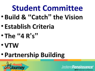 Student Committee
•Build & “Catch” the Vision
•Establish Criteria
•The “4 R’s”
•VTW
•Partnership Building
 