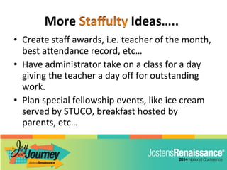 • Create staff awards, i.e. teacher of the month,
best attendance record, etc…
• Have administrator take on a class for a day
giving the teacher a day off for outstanding
work.
• Plan special fellowship events, like ice cream
served by STUCO, breakfast hosted by
parents, etc…
 