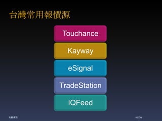 台灣常用報價源
Touchance
Kayway
eSignal
TradeStation
IQFeed
兆毅資訊

KCDN

 